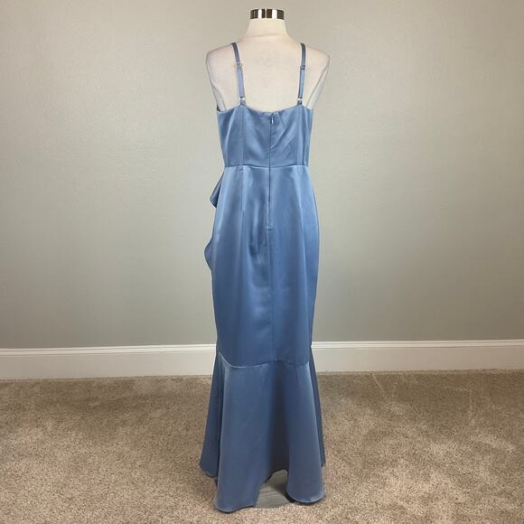 DKNY Satin Ruffled High Low Evening Gown Blue Size 16 Sleeveless V-Neck Dress - Picture 2 of 13